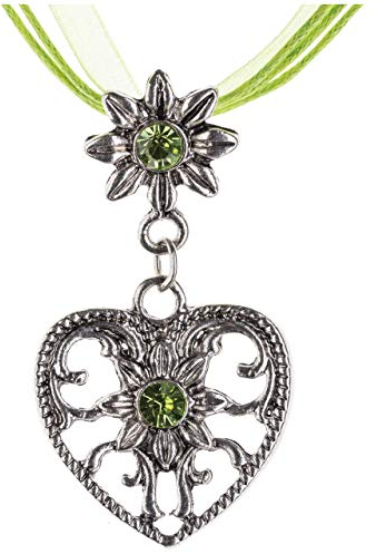 Trachtenkette Herz & Edelweiss mit glänzenden Strasssteinen - Trachten Kette Schmuck in div Farben - perfekt für Dirndl, Lederhose und Trachtenbluse (Grün)