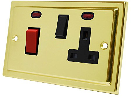 Victorian Polished Brass Cooker Control Unit Black Insert w/Neon Indicators - 45A Cooker Switch with 13A Switched Plug Socket and Neon Indicators 2-Gang Plate