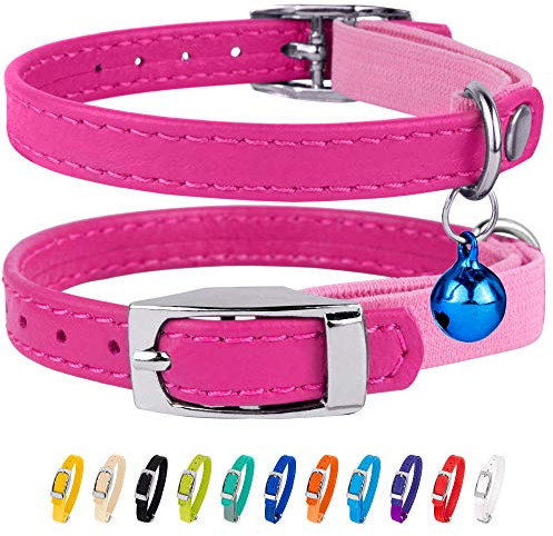 CollarDirect Leder Katzenhalsband mit Sicherheitsverschluss 21,5 cm Rosa, Elastischer Gurt und Glocke für Kleine Katzen