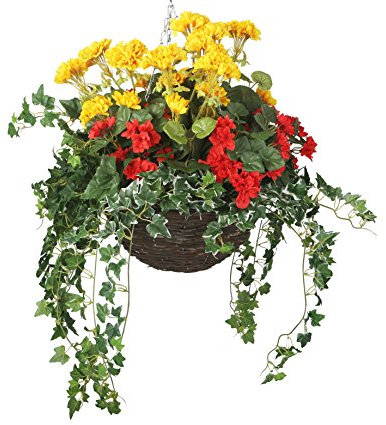 Closer2Nature Artificial Begonia Geranium Display in a 14 Round Willow Hanging Basket, Red and Yellow, Large, HBKNL23