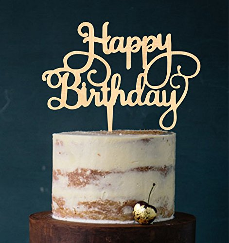 Manschin Laserdesign Cake Topper, Happy Birthday, Tortenstecker Geburtstag, Tortefigur Acryl, Farbwahl - (Holz) Art.Nr. 5005