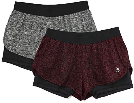 icyzone Damen Laufshorts 2 in 1 Sport Yoga Training Shorts Kurze Sporthose Laufhose, 2er Pack (Charcoal/Wine, M)