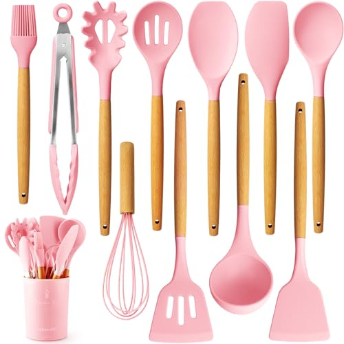 Caliamary Silikon Küchenhelfer-Set, 11-teilig, Kochutensilien mit Holzgriffen, Utensilienhalter für antihaftbeschichtetes Kochgeschirr, Löffel, Suppenkelle, Schlitzwender, Pasta-Server, Spa rose