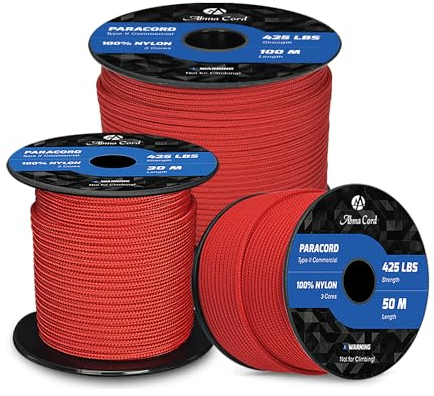 Abma Cord Paracord 3mm 50M 100% Nylon Seil Paracord 425 Typ II Schnur mit 3 Kern für Basteln, Camping, Survival - Max. 192kg (425lbs) - Rot