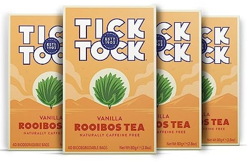 Tick Tock Vanilla Rooibos Tea Caffeine-Free Tea Pack of 4 x 40 Tea Bags (160 Teabags) Naturally Sweet Herbal Tea Biodegradable Tea Bags Rooibos Tea UK Redbush Tea for Wellbeing and Relaxation