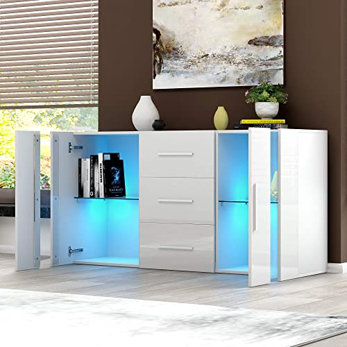 Panana 2 Doors 3 Drawers Sideboard Cupboard Unit Cabinet RGB LED lighted Storage with glass on the door and inside (White)