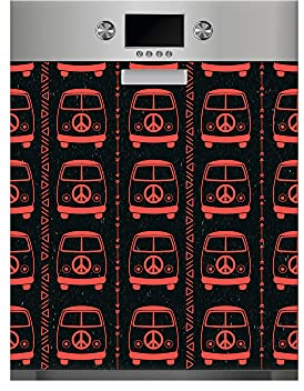 Oedim Vinilo para Lavavajillas Furgoneta Hippie Fondo Rojo, Vinilo Decorativo para lavavajillas, decoración para cocinas, Pegatina lavavajillas