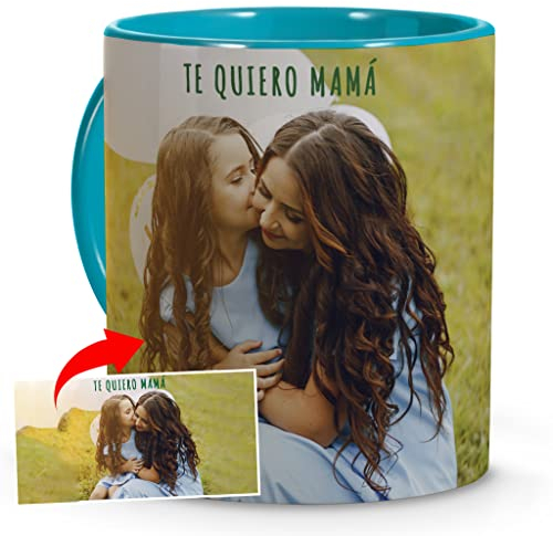 Taza Personalizada con Foto. Personalizar Taza. Regalo Cumpleaños Personalizado con Foto. Taza Personalizada de Cerámica. Regalo Día de la Madre Primeriza. Taza con Color Interior y Asa Azul Claro