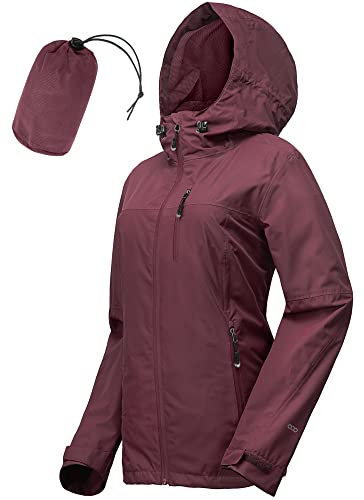 33,000ft Women's Lightweight Waterproof Jacket Packable Hooded Rain Jacket Breathable Windbreaker Softshell Raincoat for Outdoor Running Walking Hiking (Wine Red-M/UK 12)