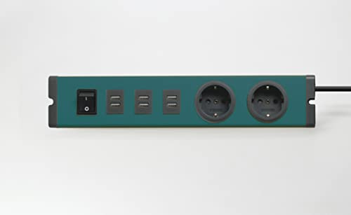 BODO Design Auminium Steckdosenleiste, 2fach + 3USB (Botanic Green), zum Laden von Smartphone, Tablet usw. mit 1,5 m Zuleitung