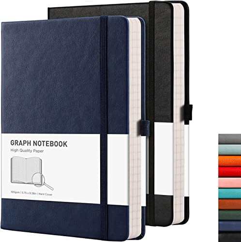 RETTACY Graph Paper Notizbuch, A5, 2 Stück, 384 Seiten, kariert, mit 100 g/m² Millimeterpapier, Stifthalter, Innentasche, für Büro, Schule, Arbeit, Damen, Herren, Arbeit, 14,5 x 21 cm, Schwarz / Blau