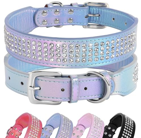 Beirui Bling Strass Hundehalsband mit Diamanten besetzt, buntes PU-Leder, gepolstertes Hundehalsband, 3.8 cm breit, strapazierfähig,50.8 cm, Blau