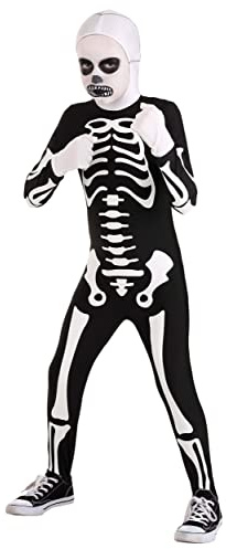 Fun Costumes Kid's Authentic Karate Kid Skeleton Suit | Jumpsuit Costume With Printed Bones, Hood and Gloves | Halloween Outfit - Small - Black