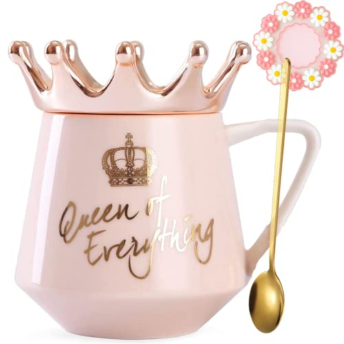 Arawat Tazza Pink Queen Of Everything Con Coperchio Tazza Dolce Rosa Con Corona Tazza Da Tè e Caffè Tazza Da 350 Ml In Ceramica Regalo Di Compleanno Per Donne Ragazze Mamma Fidanzata