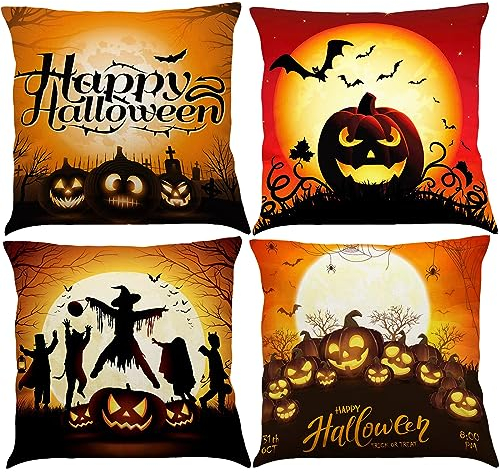 BINXWA Halloween Kissen 4 Stück,Kissenbezug 45x45cm Kürbis Baumwolle Leinen Kissenbezug Halloween Dekoration für Wohnzimmer Sofa Garten Halloween deko Set