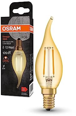 OSRAM Vintage 1906 Classic BA FIL LED-Lampe, E14, Kerze mit gebogener Spitze, klar, 1,5W, 120lm, 2400K, warmweiße Komfortlichtfarbe, sehr geringer Energieverbrauch, lange Lebensdauer
