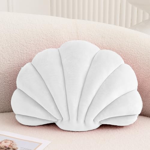 XIAIJIA Deko-Kissen in Muschelform, Zierkissen mit 3D-Inlet, Strandkissen, weiches Samtkissen, Maritime Dekoration für Couch, Bett, ca. 46 x 33 cm, weiß