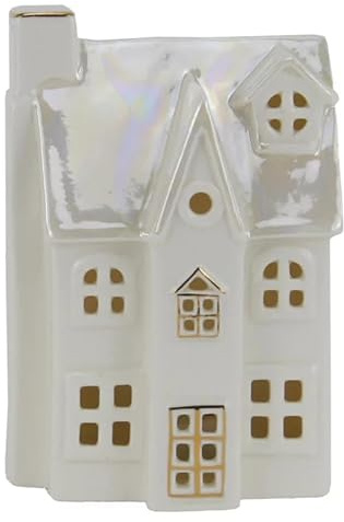 mucHome Haus mit LED aus Porzellan Gold/weiß Lichthaus glänzend (Spitzdach 8,5x6,5x12,5cm)