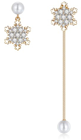Hasnsofie Weihnachten Lang Ohrringe Hängend, 925 Sterling Silber Asymmetrische Schneeflocken Ohrstecker Ohrringe, Gold Quaste Hängeohrringe mit Weiß Zirkonia Perle, Baumeln Ohrhänger für Damen Frauen