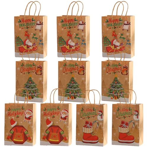 10 Stück Weihnachtstüten, Geschenktüten Weihnachten, Kraftpapie für Weihnachten Geschenkverpackung Wiederverwendbar Weihnachtstüten Papier Tüten Mit Henkel für Plätzchentüten Partybedarf