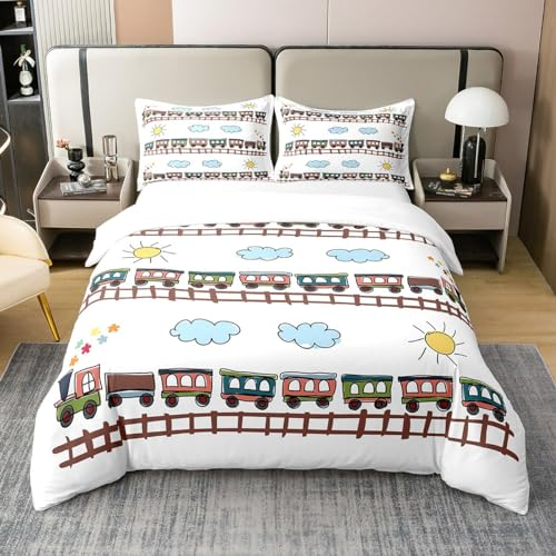 richhome 100% Natur Baumwolle Zug Bettbezug, Nette Regenbogen Autos Kinder Auto Liebhaber Bettwäsche Set für Schlafzimmer, Blaue Wolke Gelbe Sonne Bettwäsche mit Reißverschluss Verschluss 135x200