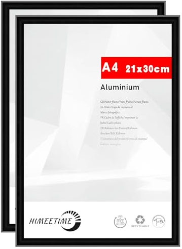 HIMEETIME® 2x Bilderrahmen A4 21x30 cm Schwarz Metall Rahmen,Dokumentenrahmen 21x29,7 cm Klein Collage, Metallrahmen Alu-Bilderrahmen Aluminium, Picture Frame A4 Fotorahmen