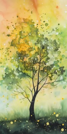 Acryl-Bild 50 x 100 cm: Aquarellmalerei eines Baumes auf der Wiese mit gelben Blättern. (202842308)