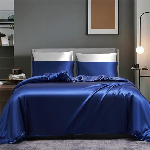 Boqingzhu Housse de Couette 240x260cm Satin Bleu Marine Unie Parure de Lit 2 Personnes Soie Lisse Soyeux Brillant Doux Linge de Lit Satiné avec 2 Taie d'oreiller 65x65cm avec Fermeture Éclair