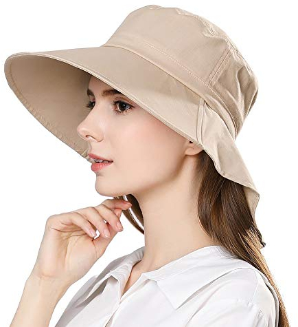 Comhats Sonnenhut Damen UPF 50+ Sonnenschutz Sommerhut mit Nackenschutz für Damen Breite Krempe Outdoor Gartenhut Faltbar 1005_Khaki L