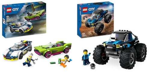 LEGO City Verfolgungsjagd mit Polizeiauto und Muscle Car, Auto-Spielezug mit 2 Rennautos & City Blauer Monstertruck, Offroad-Auto-Spielzeug, Fahrzeug-Set