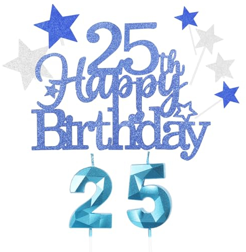 Personalised 25th Birthday Cake Topper with Number 25 Birthday Candles Star Cupcake Toppers Cake Decorations - Blue Set (9)