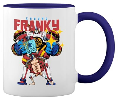 Cyborg Franky Straw Hat Pirates Water 7 Inspired Monkey Luffy Fun Lustige Trend White Coffee Mug with Blue Rim & Handle