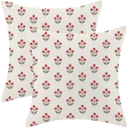 AEIOAE Kissenbezüge mit rotem Blockdruck, Boho, Vintage, Blume, Sommer, Outdoor, Blume, rustikal, dekorativ, Bauernhaus-Dekor, Kissenbezüge für Zuhause, Sofa, Bett, Couch, 45,7 x 45,7 cm, 2 Stück