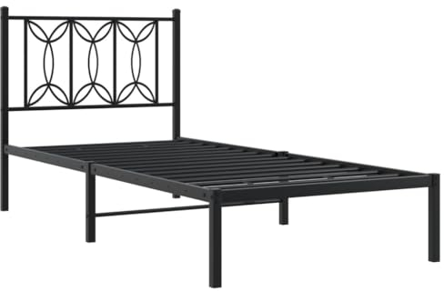 vidaXL Bettgestell, Bett mit Kopfteil, Bettrahmen mit Lattenrost Mittelfüßen, Metallbett Einzelbett für Schlafzimmer, Metall Schwarz 75x190cm