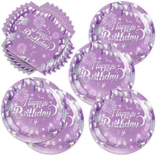 40pcs Purple Birthday Party supplies Purple Silver party Tableware Set Confetti Sprinkles Happy Birthday Party Decorations for Women Girls Disposable Desserts Plates and Napkins