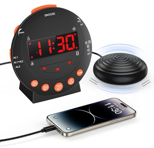 OQIMAX Loud Alarm Clock Shaker, Electric Alarm Clock with Vibrating, Bed Shaker Clock with Adjustable Dimmer&Volume, Snooze, USB Charging Port, for Heavy Sleepers, Hearing Impaired