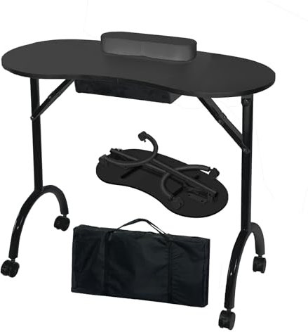 LOVEVLOGY Escritorio portátil para uñas con cajón, mesa de manicura plegable con bolsa de transporte para salón de belleza profesional, estación de trabajo móvil plegable para técnicos de uñas, color