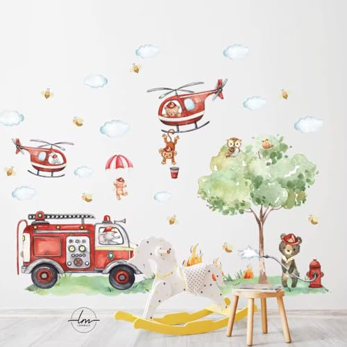 Wandtattoo Wandsticker Kinderzimmer Feuerwehr Hubschrauber Wanddeko Aufkleber XXL Wanddekoration