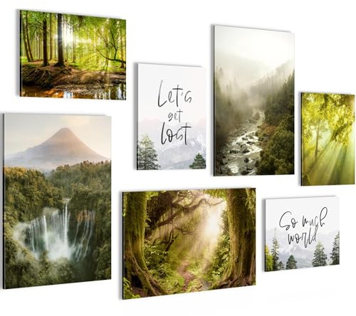 Novart Bilder Wald Landschaft - KOMPLETT AUFHÄNGFERTIG - Grün Wohnzimmer Schlafzimmer Flur - 7 Moderne Mood-Bilder - N036672b