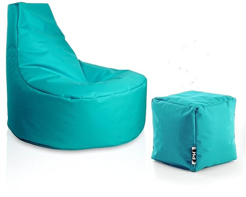 PATCH HOME Gaming Chair with Stool, Bean Bag for Adults and Children, Perfect for Gaming, Lounge, Indoor & Outdoor (Turquoise, Diameter 80 cm, 30 cm Seat Height, 90 cm Height + 35 x 35 cm Cube)
