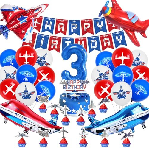 Flugzeug Geburtstag Deko 3 Jahre,Flugzeug Ballons Geburtstag 52 Stück,Flugzeug Jungen Mädchen Geburtstag Luftballons,Kindergeburtstag Party Deko mit Banner Tortendeko,Airplane Folienballon Set