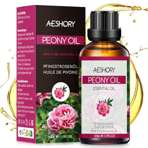 AESHORY Olio Essenziale di Peonia 50ML, Olio di Peonia di Grado Terapeutico, 100% Naturali Oil Essenziali di Aromaterapia, Oli Profumati per Diffusori, SPA, Massaggio, Cura della Pelle