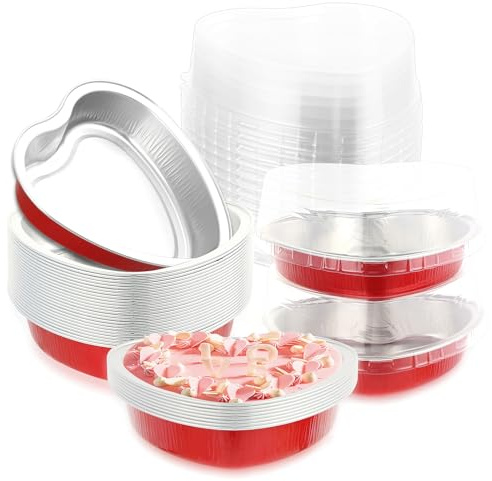 24pcs 225 ml/ 5 inch Aluminum Foil Heart Shaped Cake Pans with Clear Lids, Large Disposable Heart Cake Pan, Cupcake Baking Cups Liners Tins Ramekins Containers for Valentine's Day Food Wedding Party