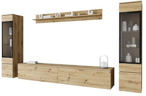 Mirjan24 Wohnwand Doppo II, Schrankwand, griffloses Öffnen, Anbauwand, Fernsehschrank, Mediawand, Wandregal, TV-Lowboard, 2X Hängevitrine (Artisan Eiche, ohne Beleuchtung)