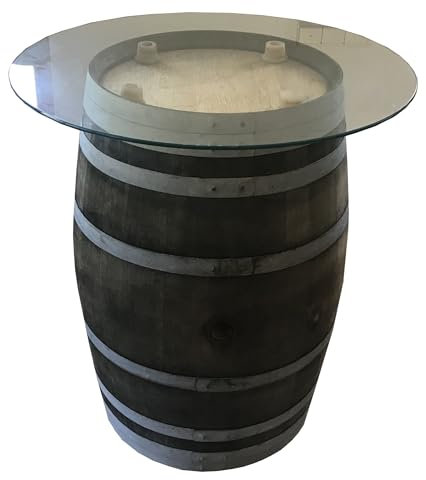 Fassl Baron Holzfass Stehtisch aus gebrauchtem Weinfass -Geölt - Mit Glasplatte 90cm - D/H=70/95cm- Dekofass 225 Liter aus Eiche Holzfässer Fasstisch