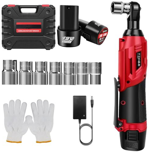 3/8'' Cordless Ratchet Wrench with LED Light, 12V Electric Ratchet with 7 Sockets, 2 1.5Ah Batteries & Fast Charger, 0-300 RPM Adjustable Speed, Impact Wrench Drive Rattle Nut Gun Set