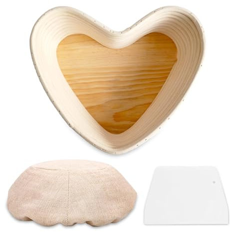 Clheatky Gärkörbchen Herzform, Sauerteig-Brotkörbe mit Baumwoll-Leinen-Mischgewebe und Schüsselschaber, Rattan-Brotschale Natur Ideal für Heim- und Professionelle Backen, 24.5X22X7.5cm