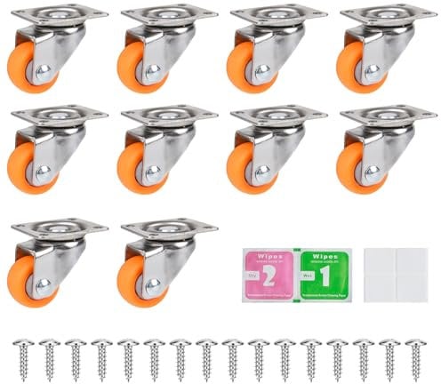Kleine Möbelrollen, 10 Stück 12MM Orange Lenkrollen mit 48 Schrauben Und 12 Stück Klebeband, 360 Grad Räder Lenkrollen, Transportrollen für Möbel Bettkasten Stuhlrollen mit Anschraubplatte, Kugellager