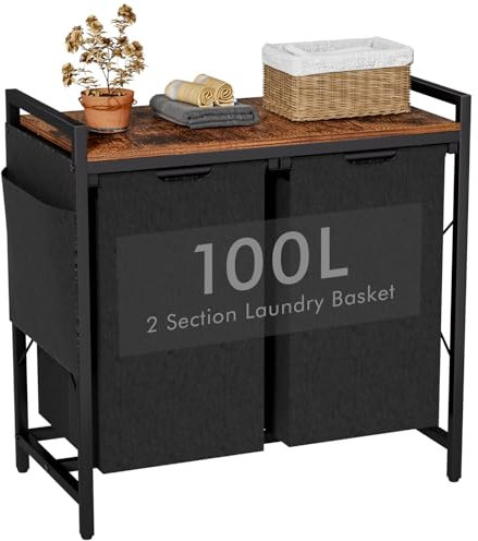 TESSTINA Laundry Basket 2 Compartments, Laundry Hamper with Shelf, Capacity 2 x 50 L, Removable Oxford Fabric Laundry Bag, Washing Basket with Side Pockets and X Holder (2 Compartments, 100L)