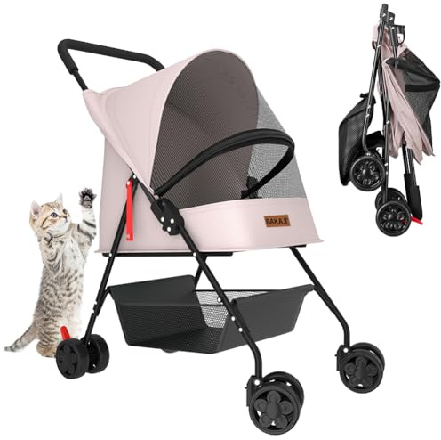 BAKAJI Passeggino per Animali Domestici Carico Massimo 15kg, Carrozzina per Cani e Gatti Pieghevole e Salvaspazio con Cestello Portaoggetti e Ruote Bloccabili, Cappottina Protettiva Anti UV (Rosa)